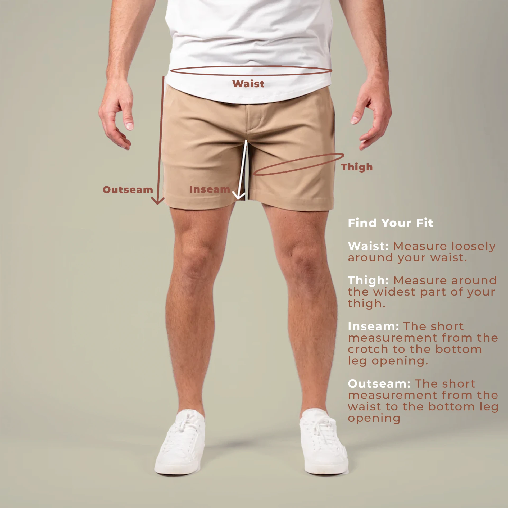 How to measure waist, thigh, inseam and outseam, shown on Khaki Rovers